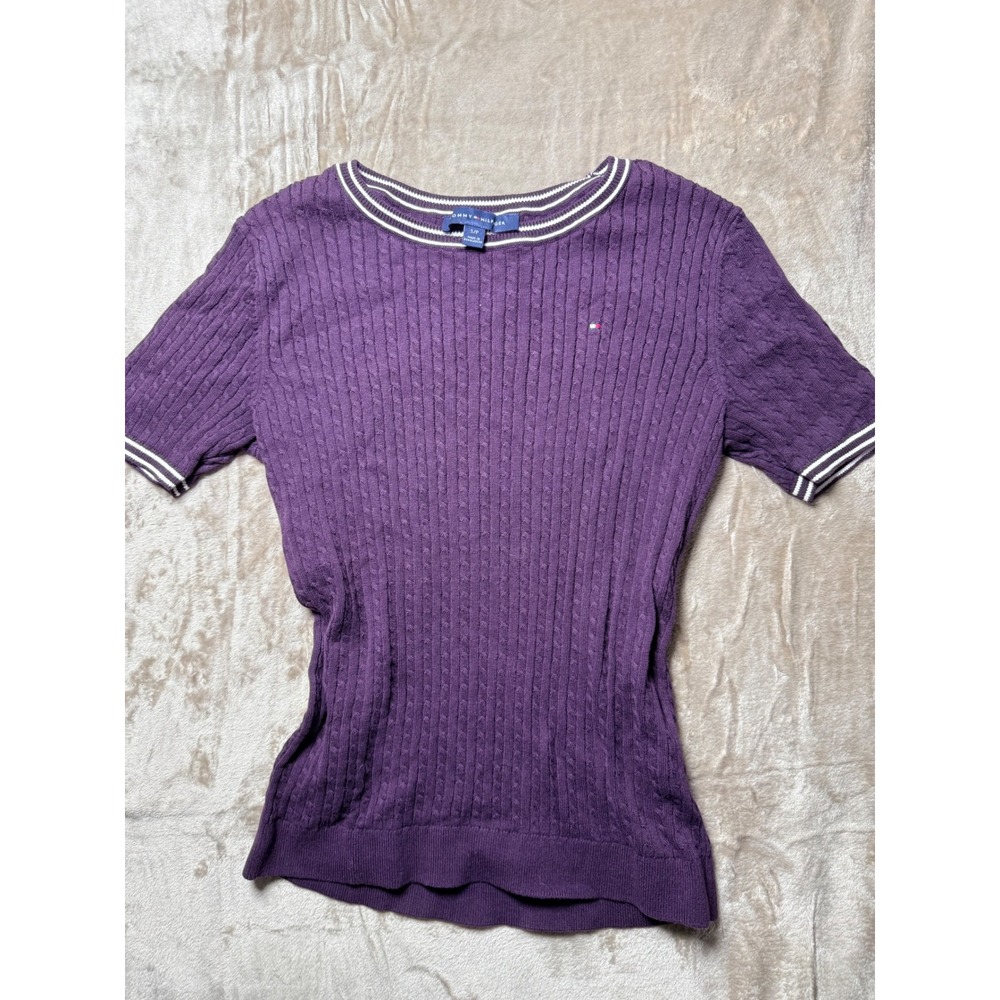 Tommy Hilfiger Purple Cable‎ Knit Short Sleeve Sweater Top White Trim Womens S